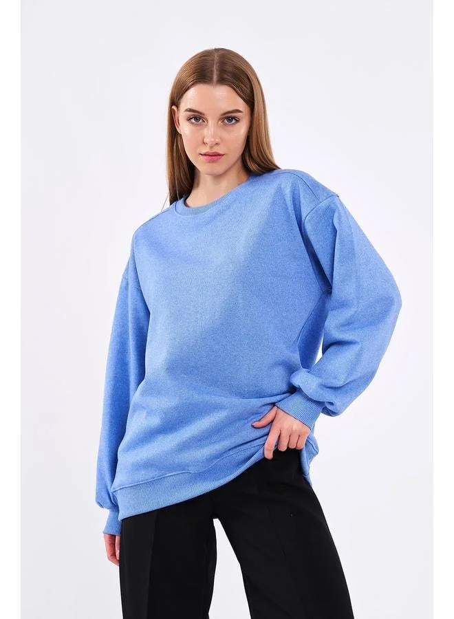 mmetalic Blue Women's Cotton Oversized Basic Crew Neck Sweatshirt