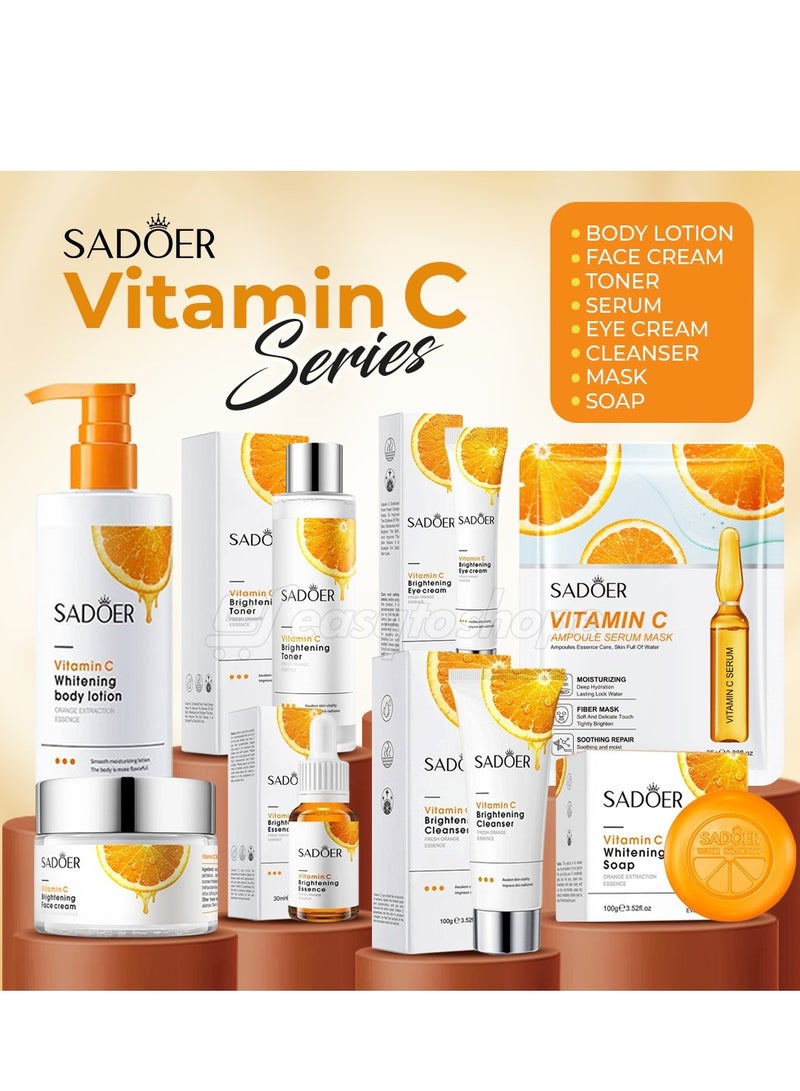 Sadoer Vitamin C Skin Care Combo 8 In 1 Set With Body Lotion Toner Eye Cream Face Cream Serum Cleanser Soap And Mask Sheet For Brightening And Hydrating All Skin Types - Image 1
