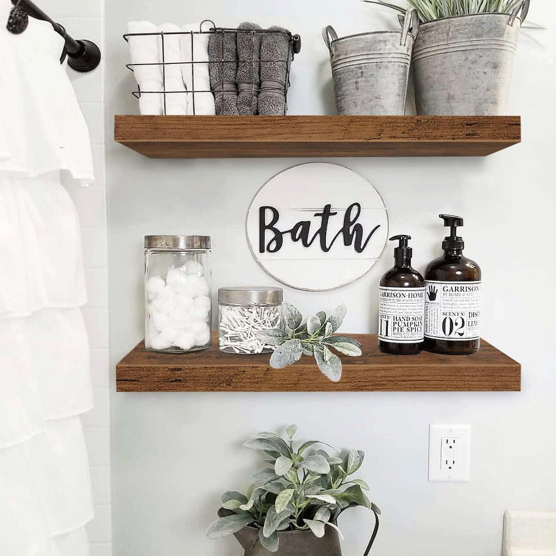QEEIG Floating Shelves for Wall 23.6" Long - Wall Mounted Shelf Bathroom Kitchen Living Room Bedroom Farmhouse Home Decor Display Bookshelf Large 23.6 x 9.3 inch Set of 2, Rustic Brown (008-60BN) - Image 2