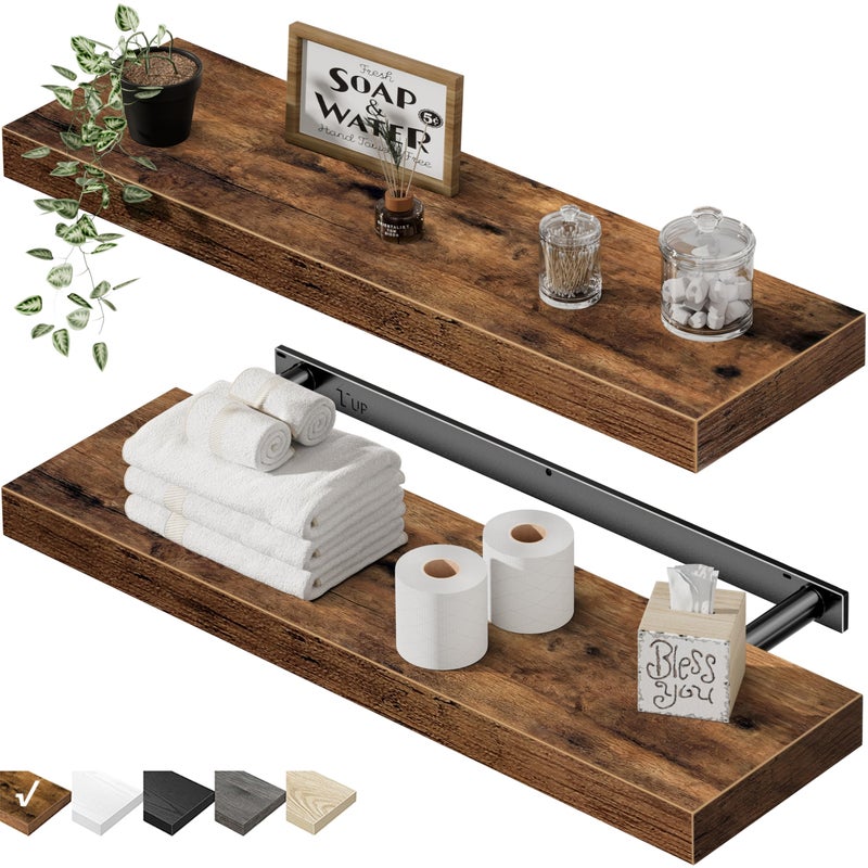 QEEIG Floating Shelves for Wall 23.6" Long - Wall Mounted Shelf Bathroom Kitchen Living Room Bedroom Farmhouse Home Decor Display Bookshelf Large 23.6 x 9.3 inch Set of 2, Rustic Brown (008-60BN) - Image 1