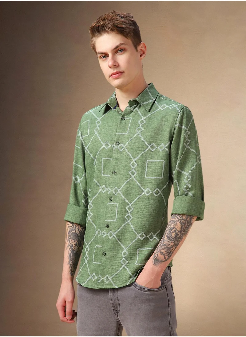 دينيس لينغو Men's Green 100% Polyester Printed Shirt