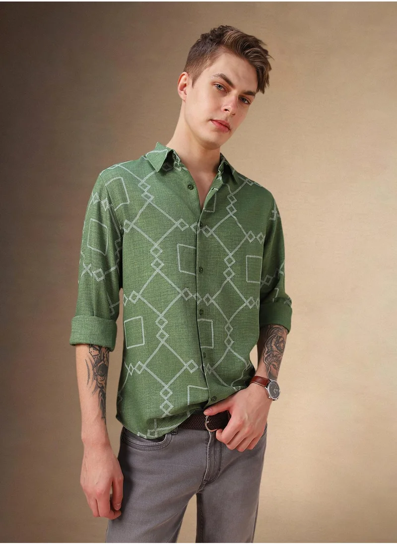 دينيس لينغو Men's Green 100% Polyester Printed Shirt