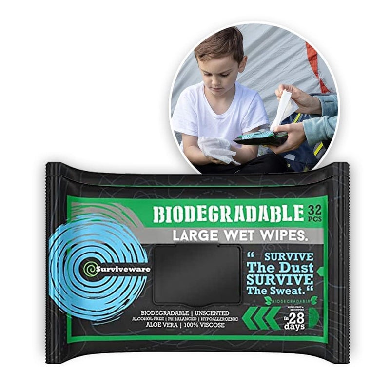 Biodegradable Wipes Men or Women - Shower Wet Wipes Face, Body & Butt - Outdoors, Travel, Camping & Post Workout - Total of 32 Wipes - 32 Count, Pack of 1
