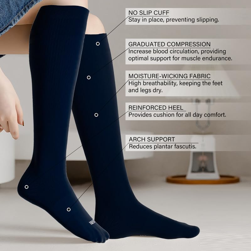 LEVSOX Viscose Made from Bamboo Compression Socks for Women&Men 20-30 mmHg Knee High Fun Cute Graduated Support Socks for Nurses, Pregnant Women, Travel and Flight, Medical, Black, Navy, Grey, Brown - Image 2