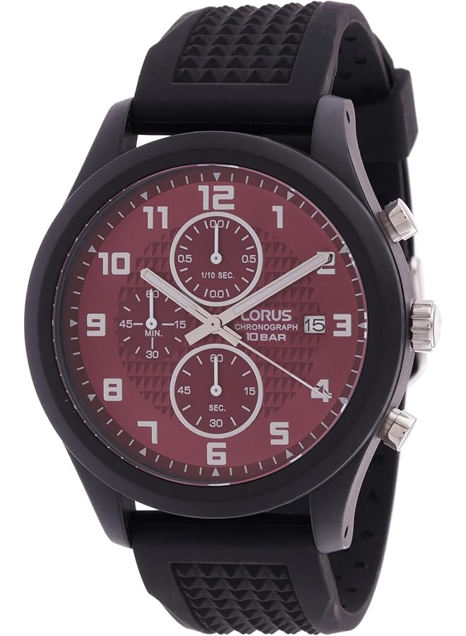 لوراس ساعة كرونوغراف كوارتز بمينا أشعة الشمس الحمراء الداكنة وسوار من السيليكون للرجال Rm391Gx9 - Image 1