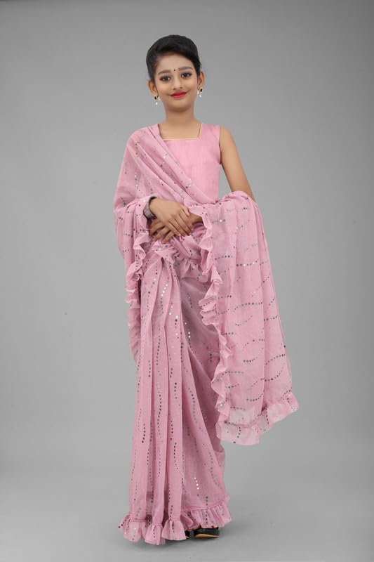 Xavima Kids Fancy Jari Tikli Work Ready to Wear Saree With Unstitched Blouse Piece- Pink_Size : 11-12 Y - Image 5