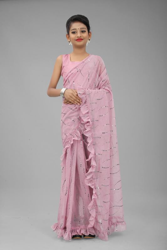Xavima Kids Fancy Jari Tikli Work Ready to Wear Saree With Unstitched Blouse Piece- Pink_Size : 11-12 Y - Image 2
