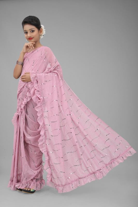Xavima Kids Fancy Jari Tikli Work Ready to Wear Saree With Unstitched Blouse Piece- Pink_Size : 11-12 Y - Image 3