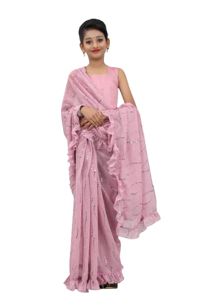 Xavima Kids Fancy Jari Tikli Work Ready to Wear Saree With Unstitched Blouse Piece- Pink_Size : 11-12 Y - Image 1