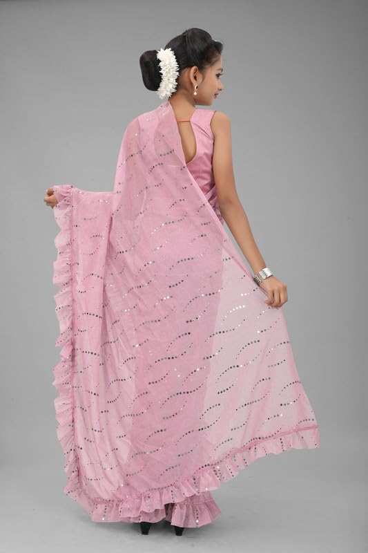Xavima Kids Fancy Jari Tikli Work Ready to Wear Saree With Unstitched Blouse Piece- Pink_Size : 11-12 Y - Image 4