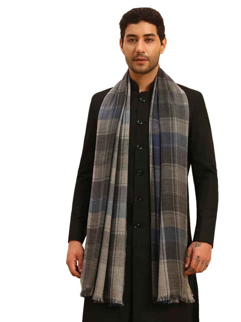 Pashmoda Men Modern Tartan 100% Pure Wool Checkered Stole, Shawl and Wrap, Sustainable and Natural Fabric, Heritage Kashmiri Pashmina Small SIZE, Shawl for Men (Size: 28X80 Inches, Grey Color) MCHST03 - Image 1