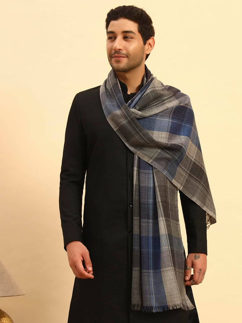 Pashmoda Men Modern Tartan 100% Pure Wool Checkered Stole, Shawl and Wrap, Sustainable and Natural Fabric, Heritage Kashmiri Pashmina Small SIZE, Shawl for Men (Size: 28X80 Inches, Grey Color) MCHST03 - Image 3
