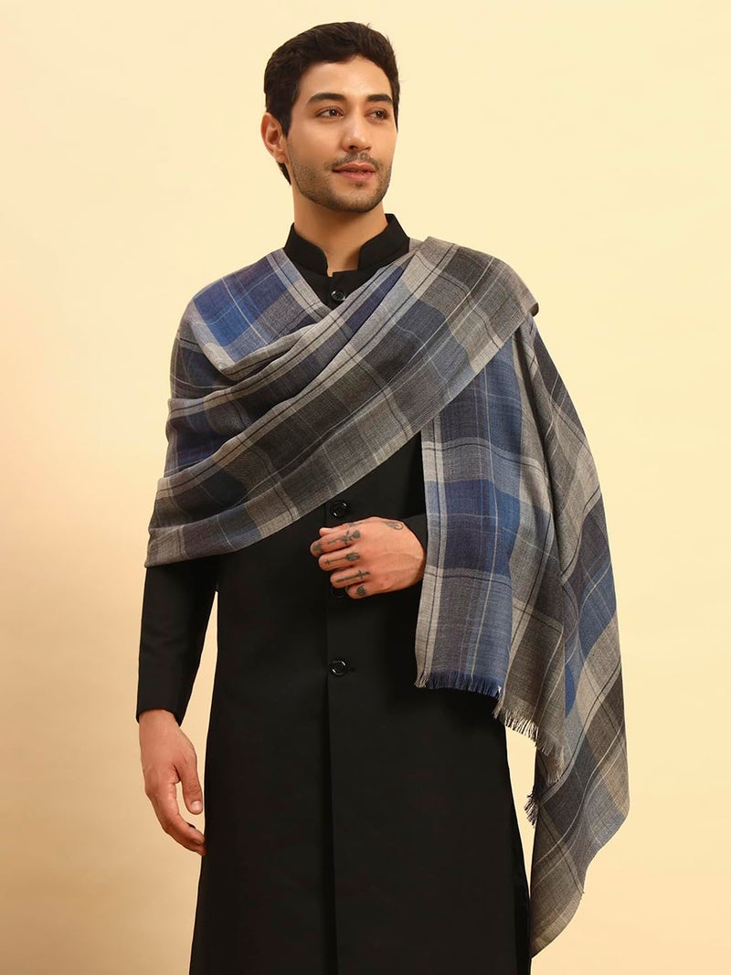 Pashmoda Men Modern Tartan 100% Pure Wool Checkered Stole, Shawl and Wrap, Sustainable and Natural Fabric, Heritage Kashmiri Pashmina Small SIZE, Shawl for Men (Size: 28X80 Inches, Grey Color) MCHST03 - Image 2
