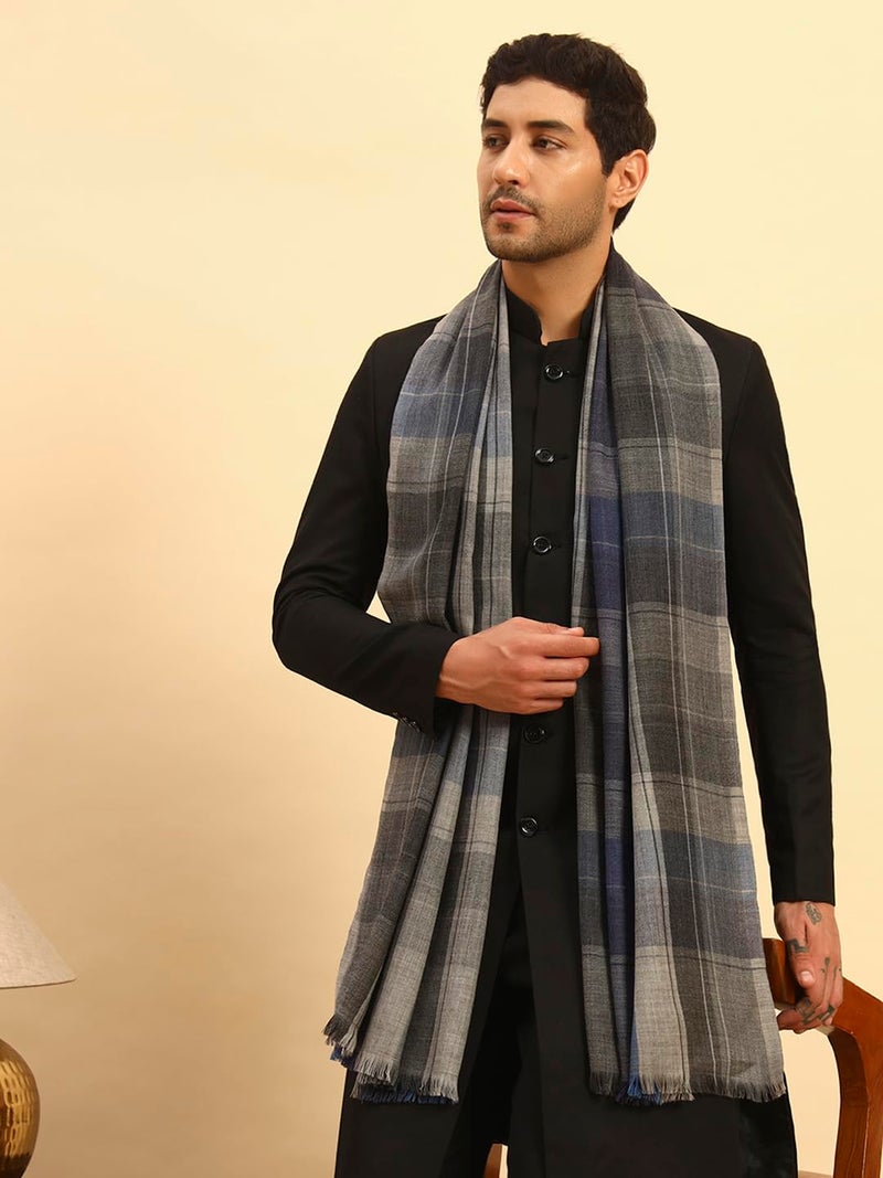 Pashmoda Men Modern Tartan 100% Pure Wool Checkered Stole, Shawl and Wrap, Sustainable and Natural Fabric, Heritage Kashmiri Pashmina Small SIZE, Shawl for Men (Size: 28X80 Inches, Grey Color) MCHST03 - Image 5