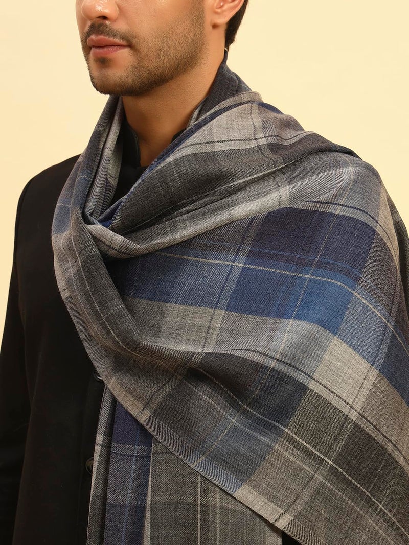 Pashmoda Men Modern Tartan 100% Pure Wool Checkered Stole, Shawl and Wrap, Sustainable and Natural Fabric, Heritage Kashmiri Pashmina Small SIZE, Shawl for Men (Size: 28X80 Inches, Grey Color) MCHST03 - Image 4