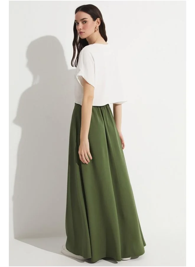 جون June Elastic Waist Maxi 100% Viscose Skirt Khaki