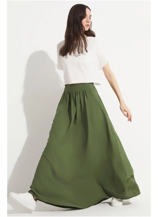 جون June Elastic Waist Maxi 100% Viscose Skirt Khaki