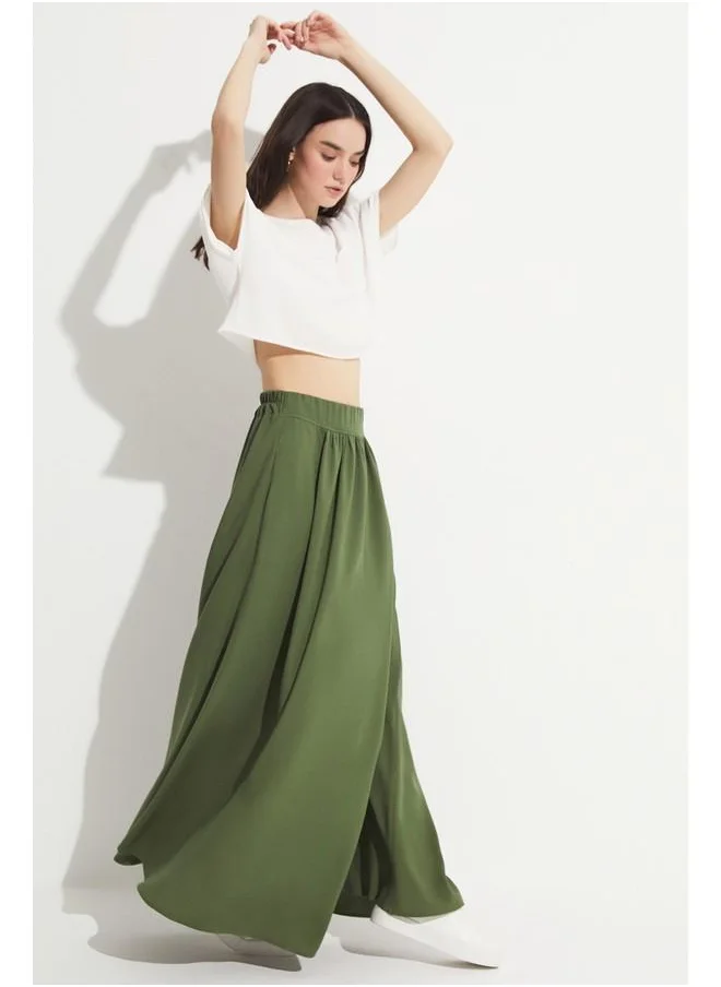 جون June Elastic Waist Maxi 100% Viscose Skirt Khaki