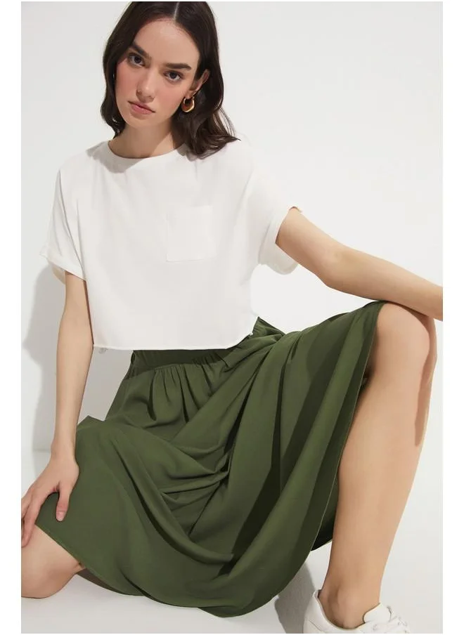 جون June Elastic Waist Maxi 100% Viscose Skirt Khaki