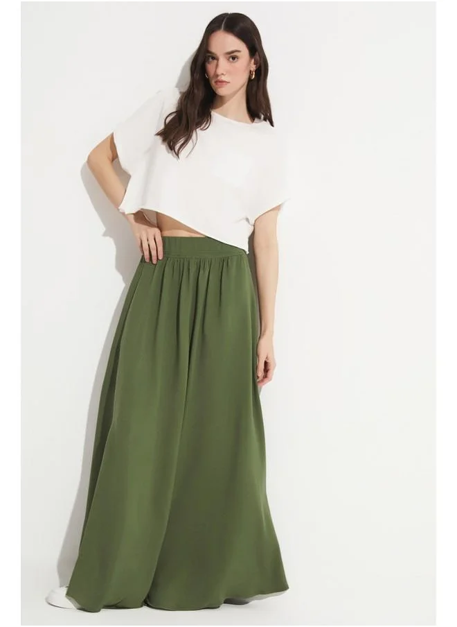 JUNE June Elastic Waist Maxi 100% Viscose Skirt Khaki