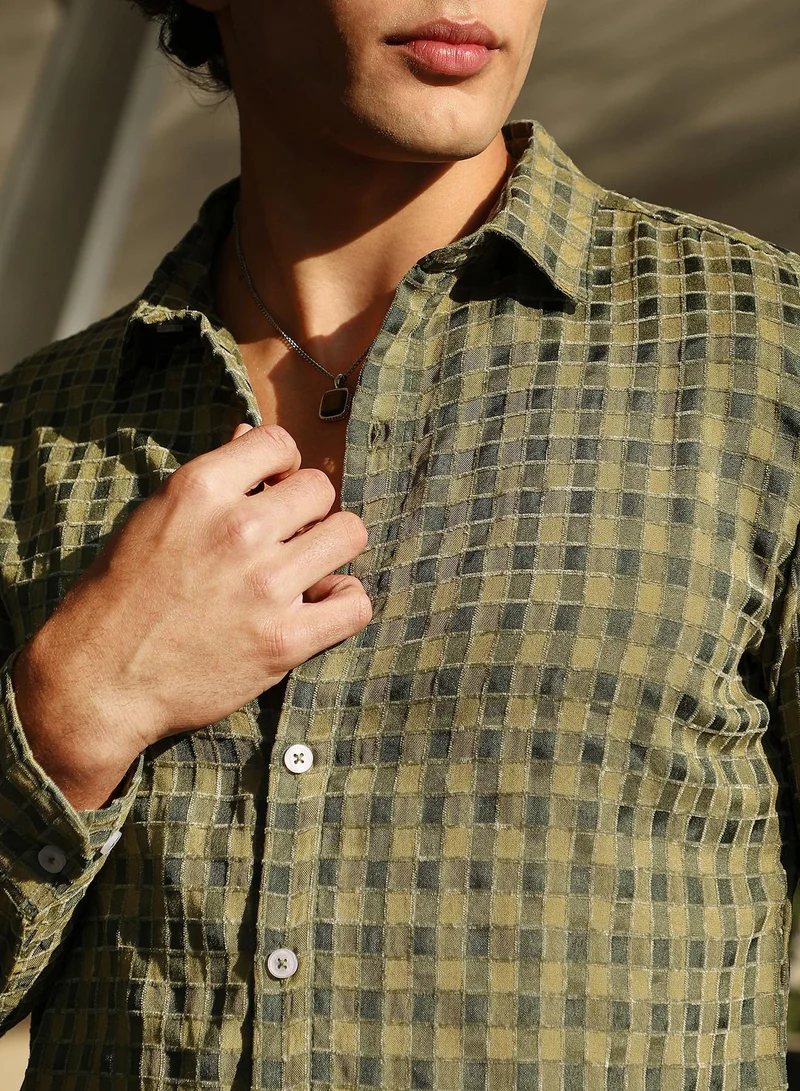 CAHOOT  Men's Olive Green Glen Check Shirt for Men | Best Price UAE