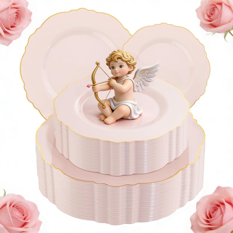 WDF 100pcs Pink Plastic Plates Highend Baroque Design Pink and Gold Plates for Upscale Party Valentines Day Including 50 Disposable Plate 1025inch 50Salad Plate 75inch