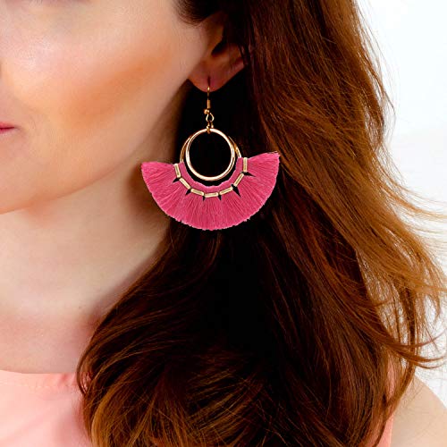 BaubleStar Fan Tassel Earrings Hot Pink Bohemian Hoop Dangle Fringe Drop Thread Tiered Layered Rose Red Tassle Fashion Jewelry for Women - Image 2