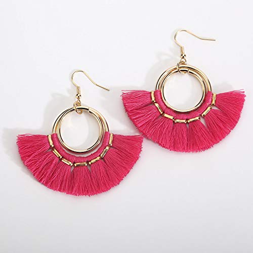BaubleStar Fan Tassel Earrings Hot Pink Bohemian Hoop Dangle Fringe Drop Thread Tiered Layered Rose Red Tassle Fashion Jewelry for Women - Image 5