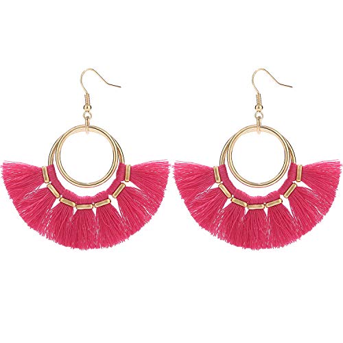 BaubleStar Fan Tassel Earrings Hot Pink Bohemian Hoop Dangle Fringe Drop Thread Tiered Layered Rose Red Tassle Fashion Jewelry for Women - Image 1