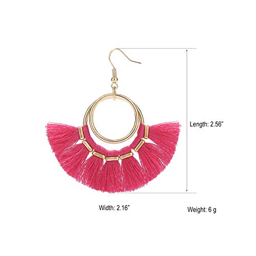 BaubleStar Fan Tassel Earrings Hot Pink Bohemian Hoop Dangle Fringe Drop Thread Tiered Layered Rose Red Tassle Fashion Jewelry for Women - Image 4