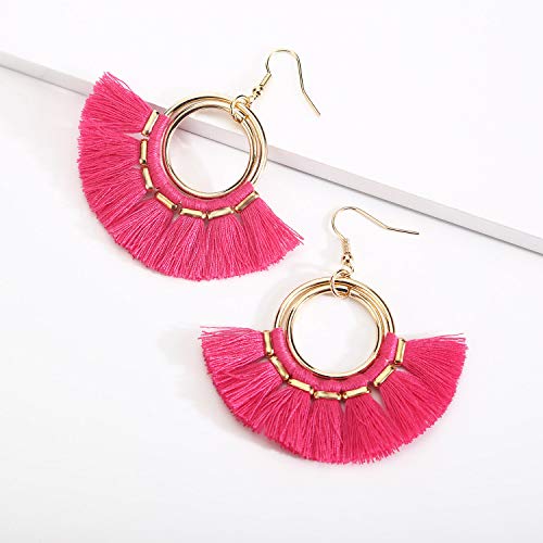 BaubleStar Fan Tassel Earrings Hot Pink Bohemian Hoop Dangle Fringe Drop Thread Tiered Layered Rose Red Tassle Fashion Jewelry for Women - Image 3