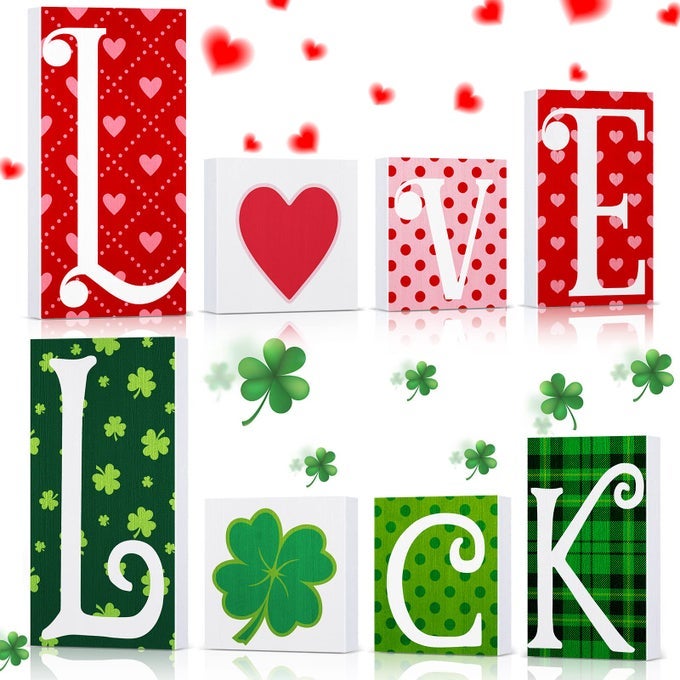VALENTINES DAY TIERED TRAY DECOR REVERSIBLE ST PATRICKS DAY WOODEN SIGN LOVE LUCK HEART SHAMROCKS SELF STANDING BLOCKS TABLE CENTERPIECE DECOR FARMHOUSE LOVE LUCK SIGN FOR KITCHEN TIERED TRAY