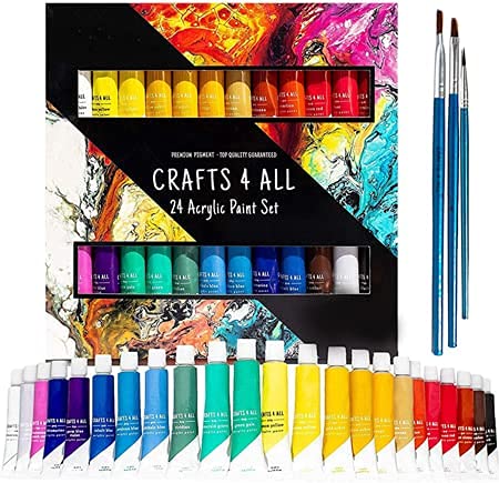 Crafts 4 ALL مجموعة ألوان الأكريليك للحرف 4 للجميع للأطفال والبالغين - 24 عبوة من ألوان الطلاء 12 مل للحرف للأخشاب، القماش، الأقمشة والسيراميك مع 3 فرش بأحجام مختلفة - مستلزمات فنية، متعددة - Image 1