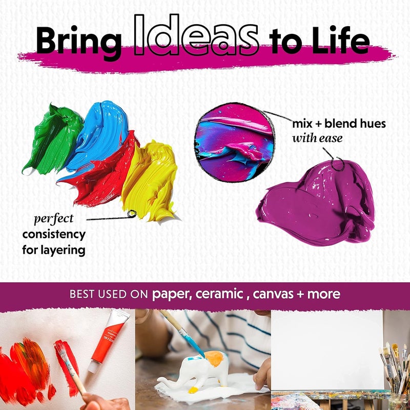 Crafts 4 ALL مجموعة ألوان الأكريليك للحرف 4 للجميع للأطفال والبالغين - 24 عبوة من ألوان الطلاء 12 مل للحرف للأخشاب، القماش، الأقمشة والسيراميك مع 3 فرش بأحجام مختلفة - مستلزمات فنية، متعددة - Image 4