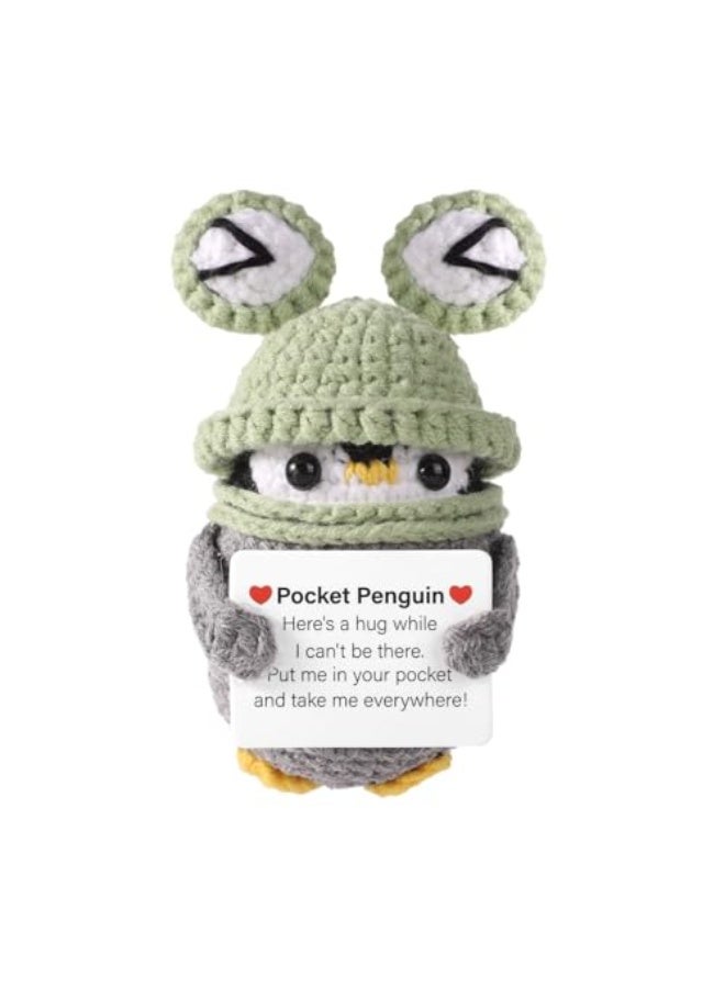 دُمى البطريق الإيجابية  - لعبة محببة ومضحكة من الصوف مع بطاقة إيجابية، بطريق محبوك بقبعة ضفدع، هدية تخرج لتحفيز الأصدقاء، دعم عاطفي. - Image 1