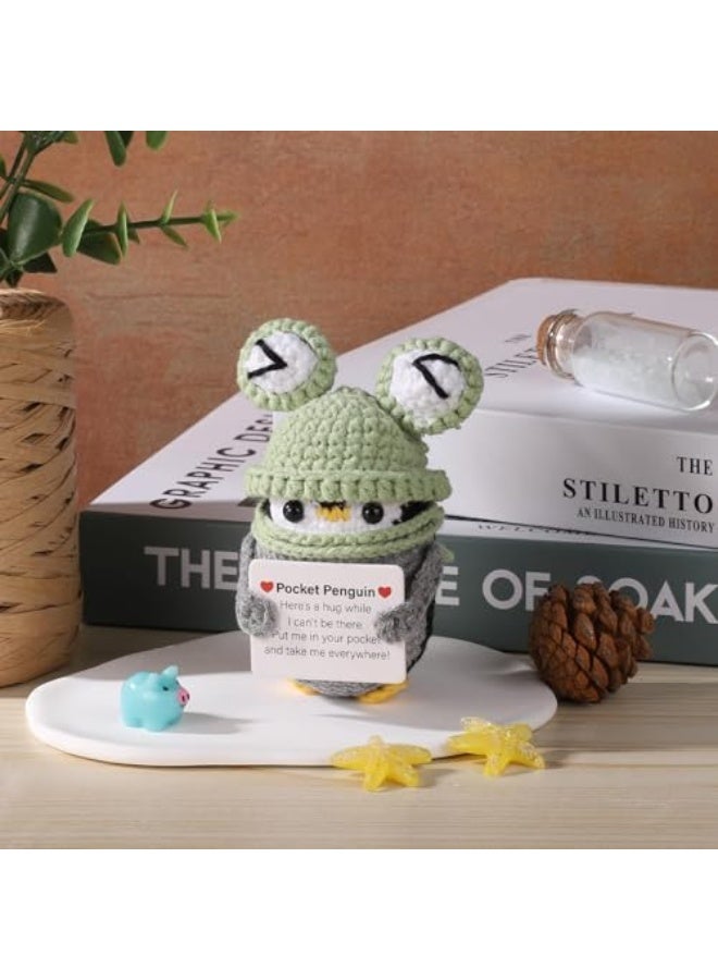 دُمى البطريق الإيجابية  - لعبة محببة ومضحكة من الصوف مع بطاقة إيجابية، بطريق محبوك بقبعة ضفدع، هدية تخرج لتحفيز الأصدقاء، دعم عاطفي. - Image 4