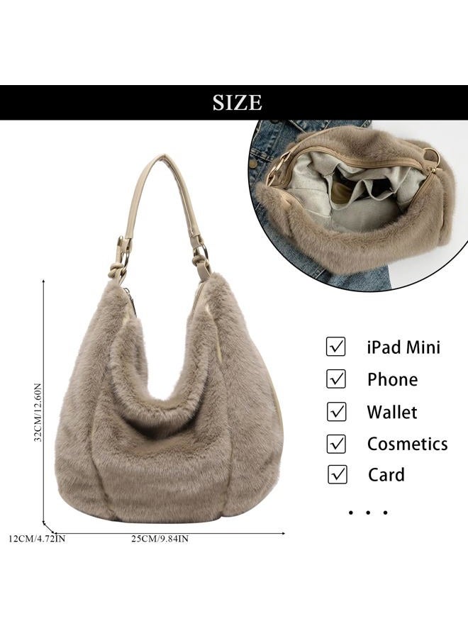 Extolove Fluffy Tote Bag, Winter Fuzzy Purses for Women Faux Fur Bag Soft Furry Shoulder Bag Crossbody Handbag Plush Tote Bag, Khaki, Small - Image 4