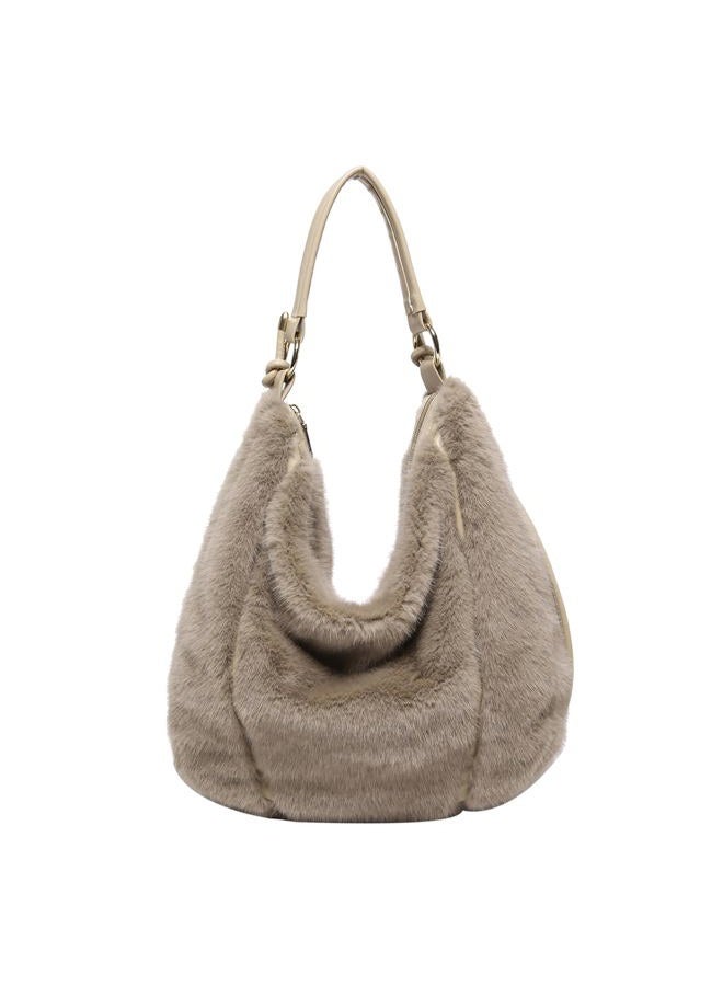 Extolove Fluffy Tote Bag, Winter Fuzzy Purses for Women Faux Fur Bag Soft Furry Shoulder Bag Crossbody Handbag Plush Tote Bag, Khaki, Small - Image 1