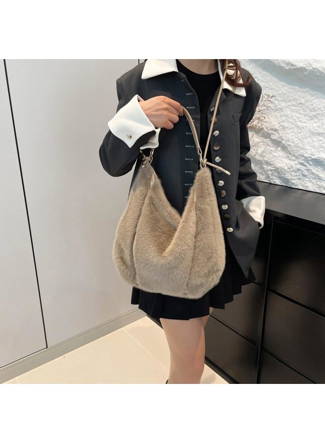 Extolove Fluffy Tote Bag, Winter Fuzzy Purses for Women Faux Fur Bag Soft Furry Shoulder Bag Crossbody Handbag Plush Tote Bag, Khaki, Small - Image 2