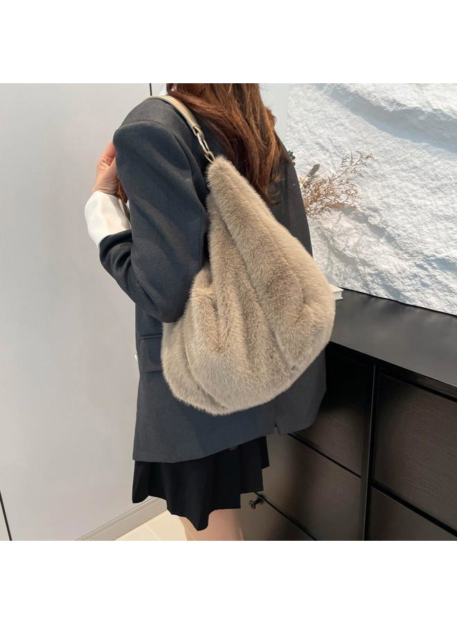 Extolove Fluffy Tote Bag, Winter Fuzzy Purses for Women Faux Fur Bag Soft Furry Shoulder Bag Crossbody Handbag Plush Tote Bag, Khaki, Small - Image 3