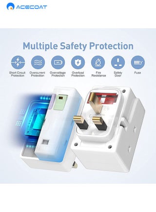 3 Way 3 Pin UK Power Adapter Plug, Triple Plug Splitter Socket With Independent Switch, 13A Multi-Plug Switched Wall Extension Block Socket Adapter, 3 Way Electric Surge Protected Cube Plug Adapter - view 3