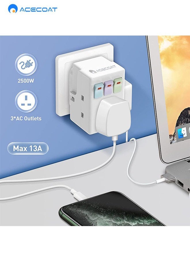 ACECOAT - 3 Way 3 Pin UK Power Adapter Plug, Triple Plug Splitter Socket With Independent Switch, 13A Multi-Plug Switched Wall Extension Block Socket Adapter, 3 Way Electric Surge Protected Cube Plug Adapter - Image 1
