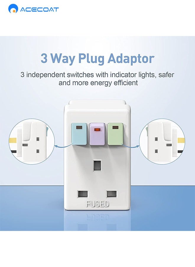 ACECOAT - 3 Way 3 Pin UK Power Adapter Plug, Triple Plug Splitter Socket With Independent Switch, 13A Multi-Plug Switched Wall Extension Block Socket Adapter, 3 Way Electric Surge Protected Cube Plug Adapter - Image 1