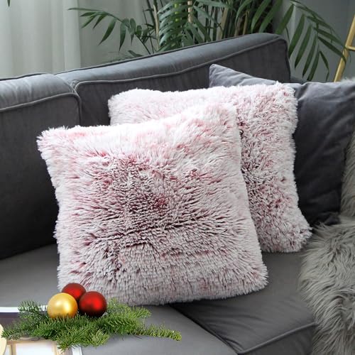 Uhomy 2 Packs Fluffy Accent Pillows Cover 18"x18", Soft Burgundy Ombre Faux Fur Throw Pillow Case, Modern Luxury Decorative Square Cushion Cover for Farmhouse Home Decor for Sofa/Bed/Chair, 45x45cm - Image 1
