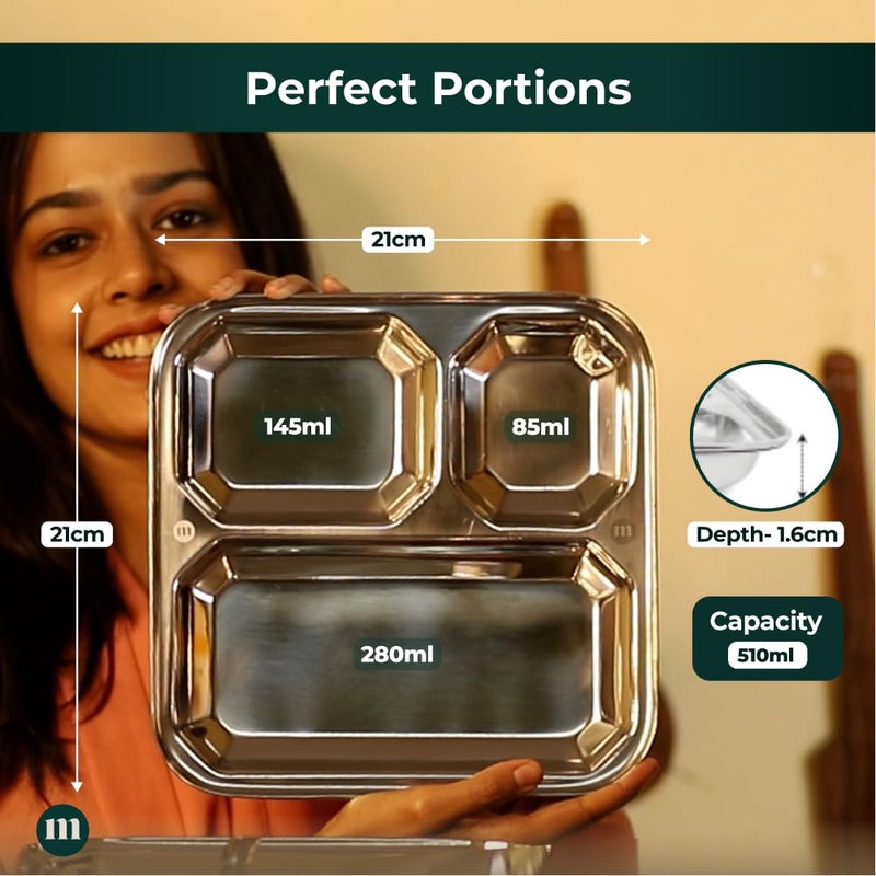 MARU مجموعة مارو الصغيرة من صواني الطعام المصنوعة من الفولاذ المقاوم للصدأ لـ 6 أشخاص - 3 في 1 أطباق مقسمة، مثالية لباو بهاجي، أوسال وميزال باو، ساموسا باو مع صلصة - متينة، سهلة التنظيف، مثالية للوجبات الهندية التقليدية - Image 2