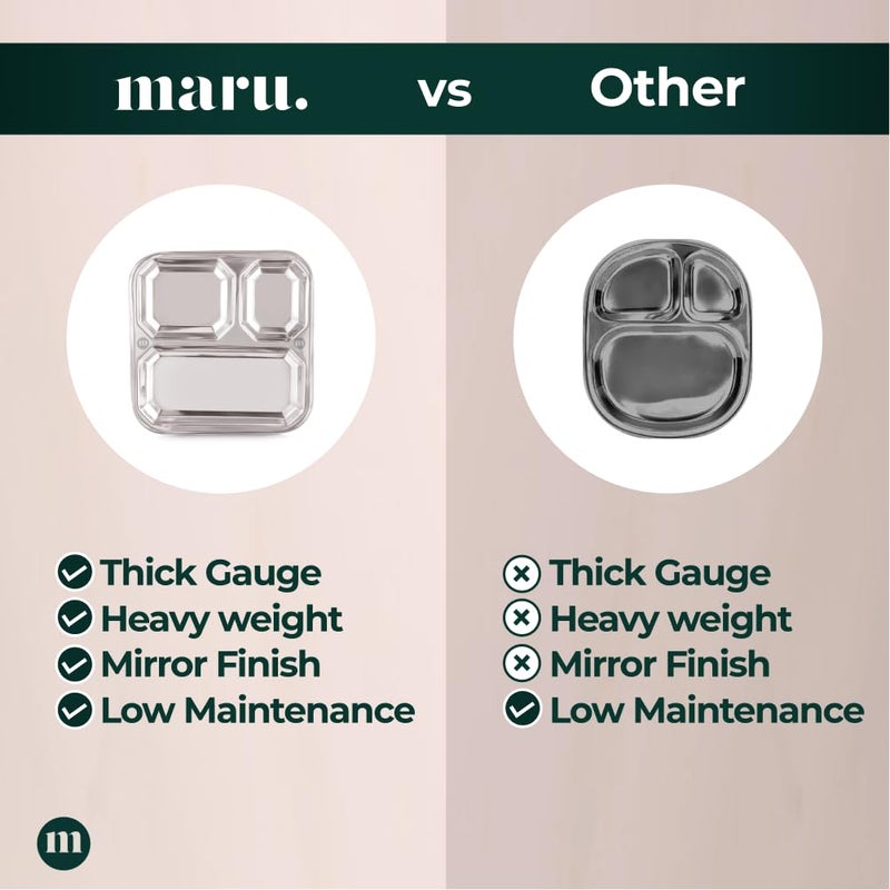 MARU مجموعة مارو الصغيرة من صواني الطعام المصنوعة من الفولاذ المقاوم للصدأ لـ 6 أشخاص - 3 في 1 أطباق مقسمة، مثالية لباو بهاجي، أوسال وميزال باو، ساموسا باو مع صلصة - متينة، سهلة التنظيف، مثالية للوجبات الهندية التقليدية - Image 5