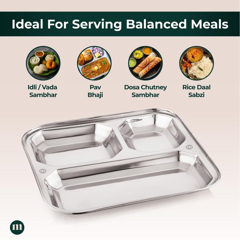 MARU مجموعة مارو الصغيرة من صواني الطعام المصنوعة من الفولاذ المقاوم للصدأ لـ 6 أشخاص - 3 في 1 أطباق مقسمة، مثالية لباو بهاجي، أوسال وميزال باو، ساموسا باو مع صلصة - متينة، سهلة التنظيف، مثالية للوجبات الهندية التقليدية - Image 3
