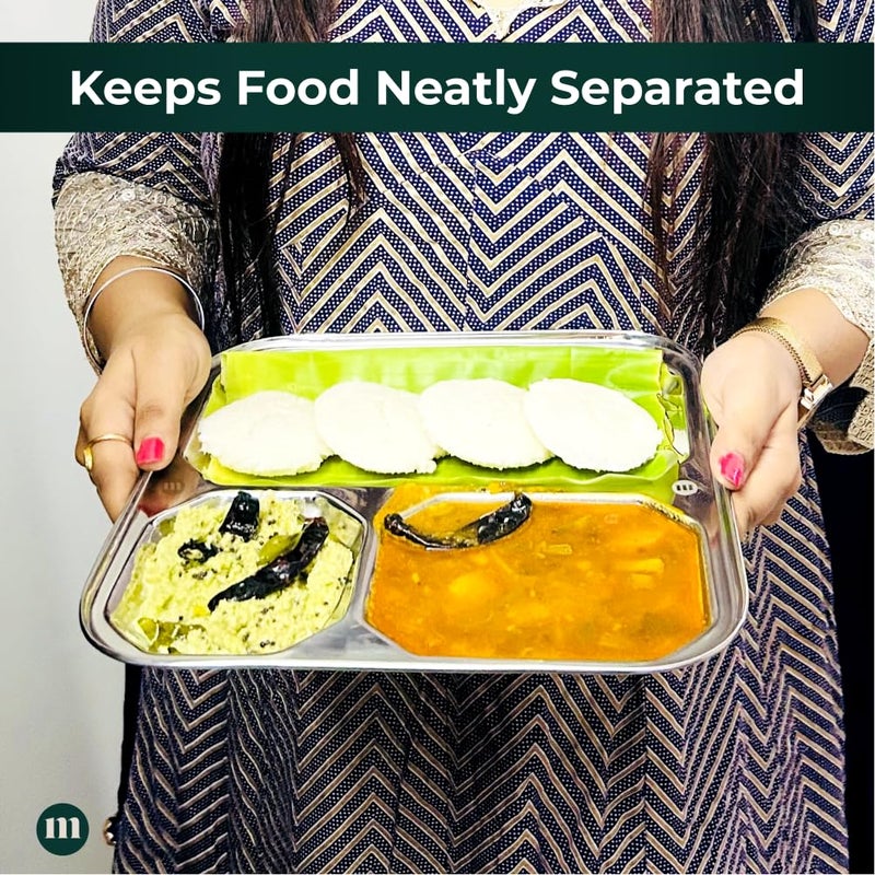 MARU مجموعة مارو الصغيرة من صواني الطعام المصنوعة من الفولاذ المقاوم للصدأ لـ 6 أشخاص - 3 في 1 أطباق مقسمة، مثالية لباو بهاجي، أوسال وميزال باو، ساموسا باو مع صلصة - متينة، سهلة التنظيف، مثالية للوجبات الهندية التقليدية - Image 4