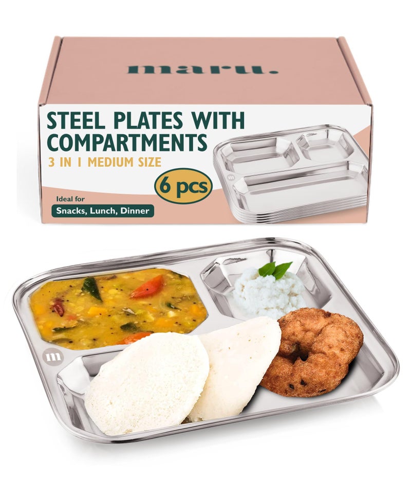 MARU مجموعة مارو الصغيرة من صواني الطعام المصنوعة من الفولاذ المقاوم للصدأ لـ 6 أشخاص - 3 في 1 أطباق مقسمة، مثالية لباو بهاجي، أوسال وميزال باو، ساموسا باو مع صلصة - متينة، سهلة التنظيف، مثالية للوجبات الهندية التقليدية - Image 1