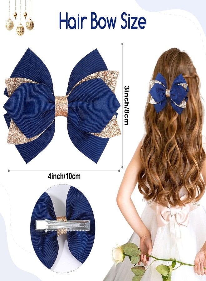 NCMAMA 4 Inch Sparkly Glitter Navy Blue Hair Bow Clips for Girls Boutique Sequin Alligator Barrettes Pins for Teens Toddler Children Kids Grosgrain Hair Accessories for Christmas - Image 3